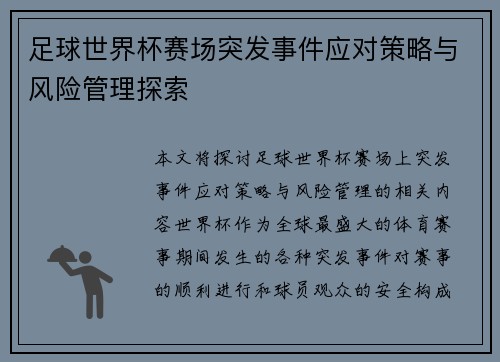 足球世界杯赛场突发事件应对策略与风险管理探索
