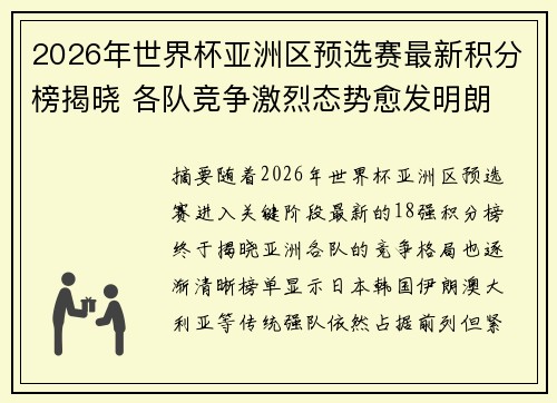 2026年世界杯亚洲区预选赛最新积分榜揭晓 各队竞争激烈态势愈发明朗 2026年世界杯亚洲区预选赛最新积分榜揭晓 各队竞争激烈态势愈发明朗