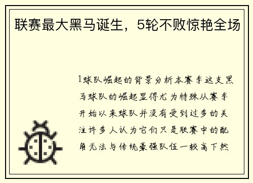 联赛最大黑马诞生，5轮不败惊艳全场